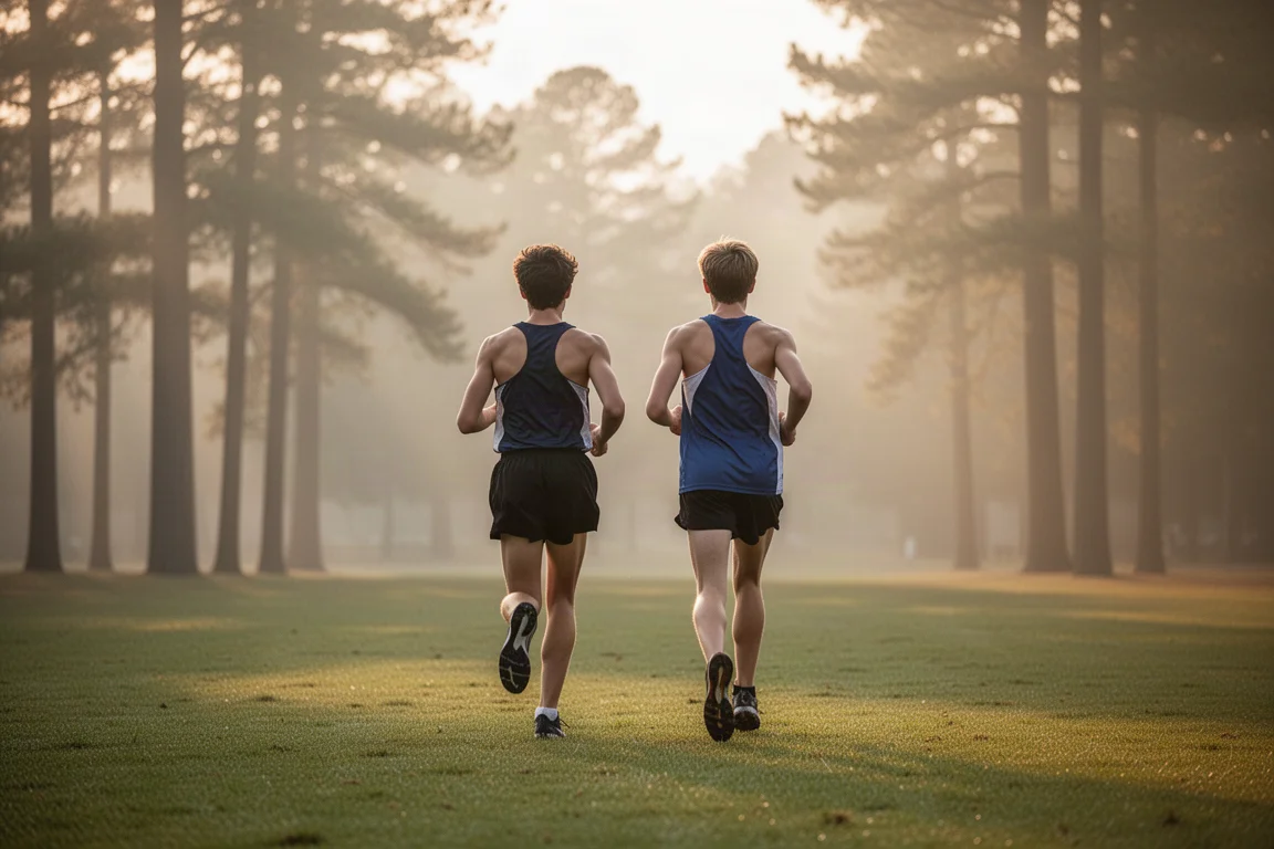 High school cross country runners training together on a grass field