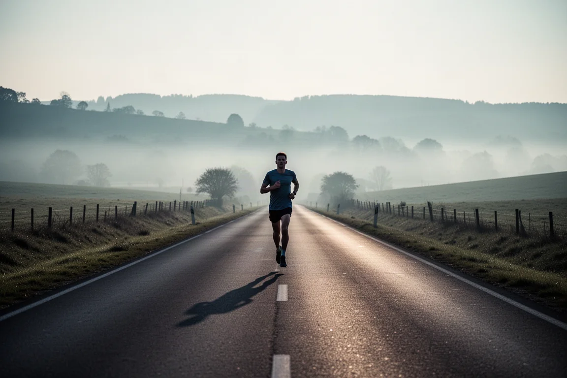 Runner finishing a long run on an empty rural road at dawn