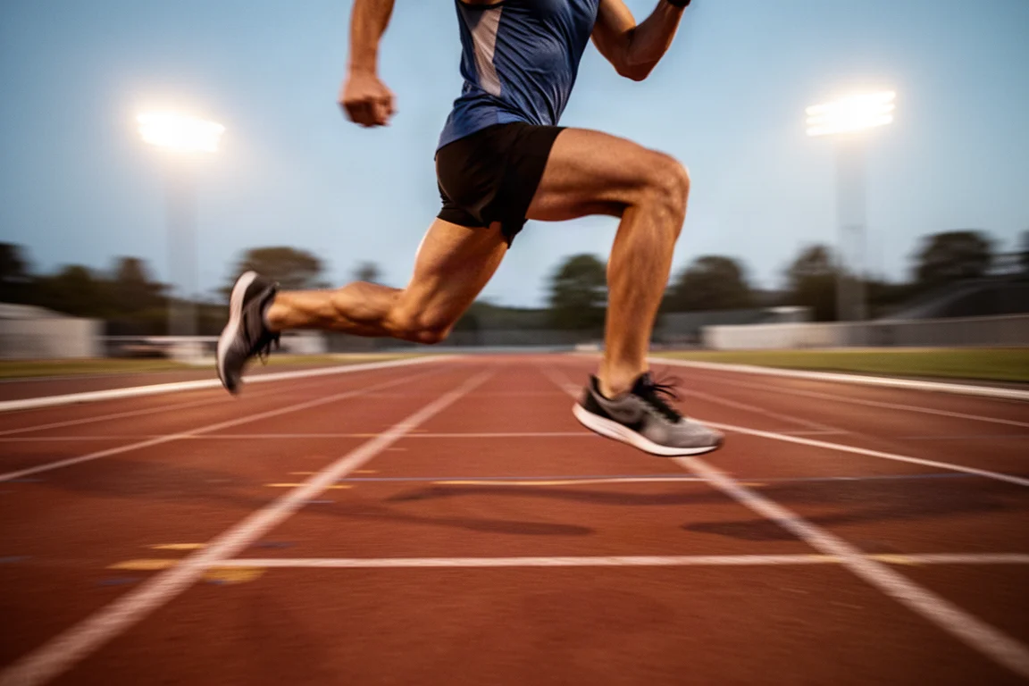 Runner performing strides on an athletics track in the evening