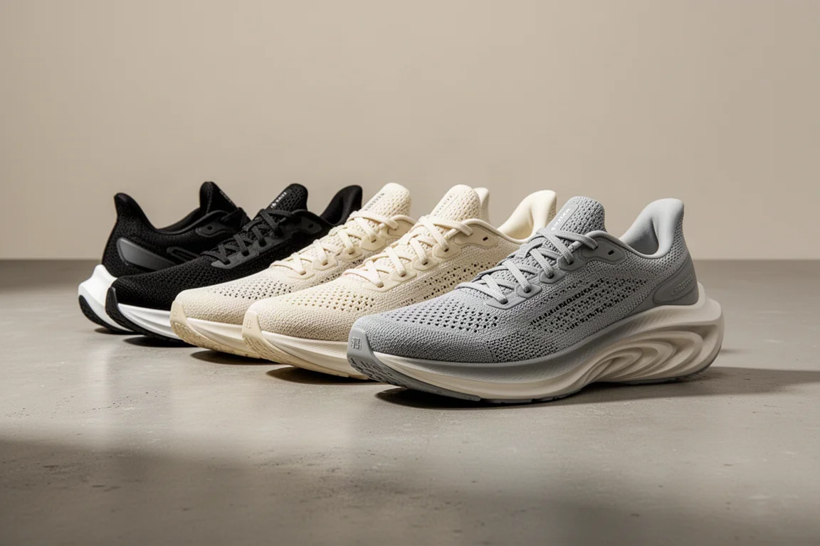 Lineup of modern super trainer running shoes with thick foam midsoles on concrete