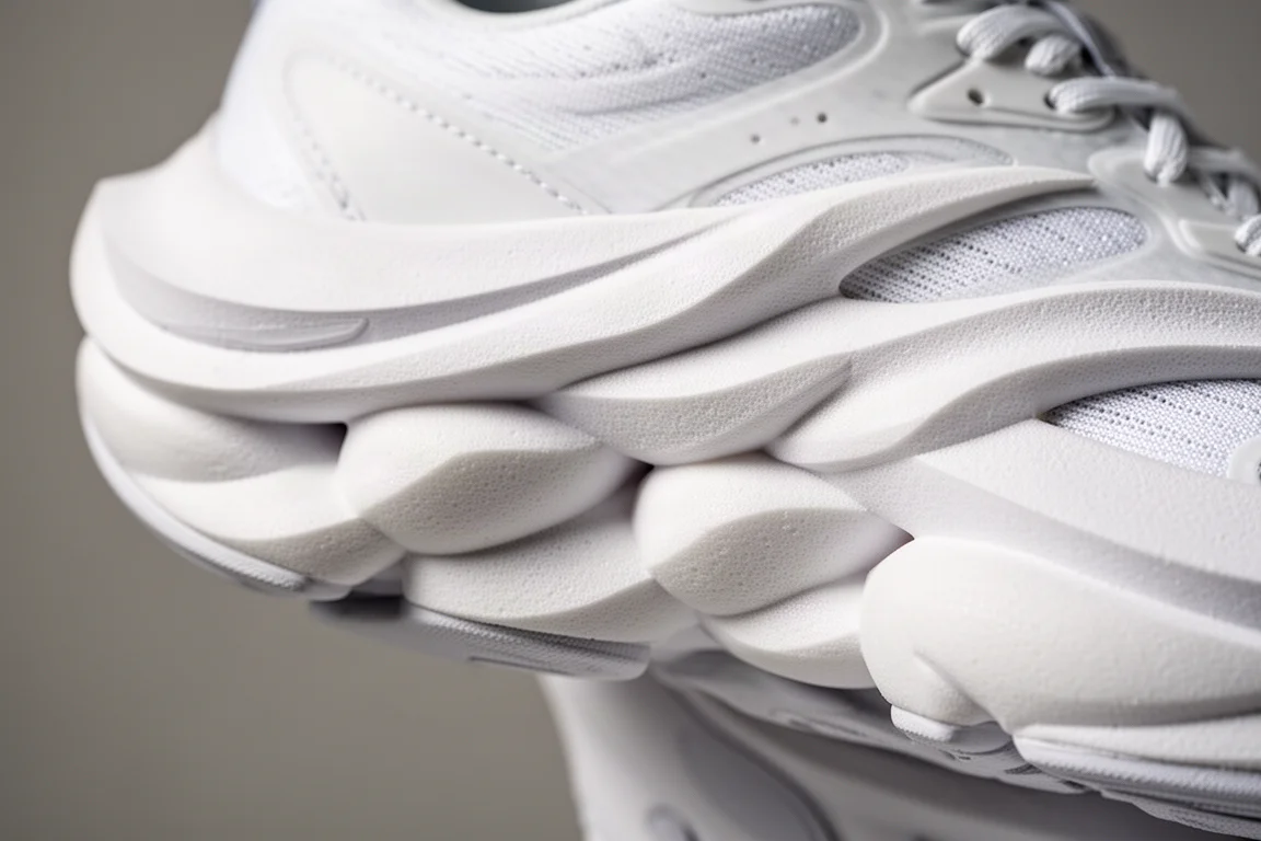 Close-up van de dikke tussenzool van een hardloopschoen met hoog stack en geslepen foamlagen