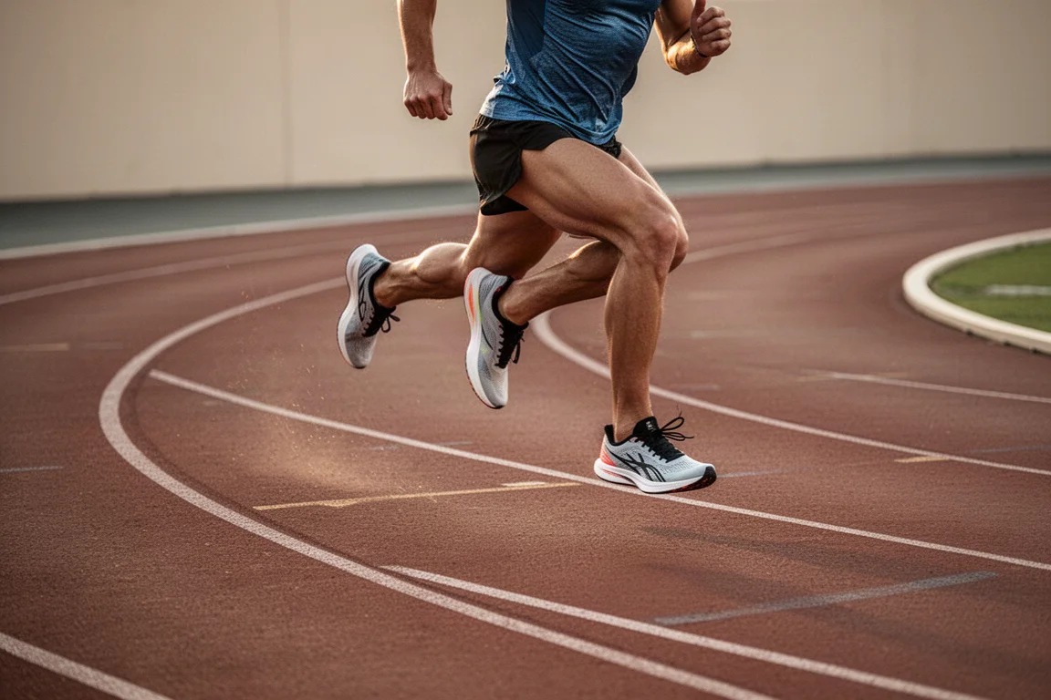 Hardloper die sprint op een atletiekbaan tijdens een snelle training