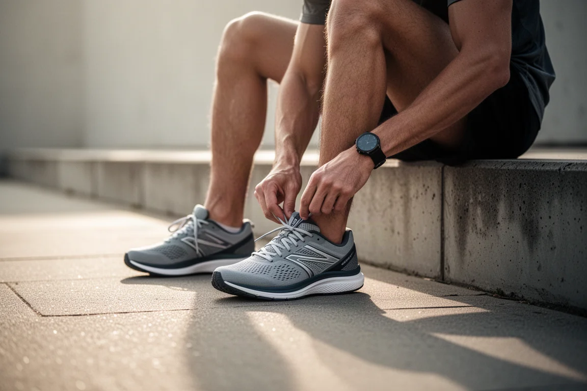 Runner lacing up a pair of training shoes on a quiet morning sidewalk