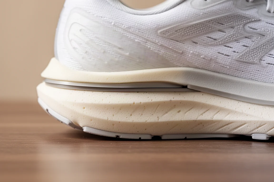 Close-up of a layered running shoe midsole showing foam stack and plate