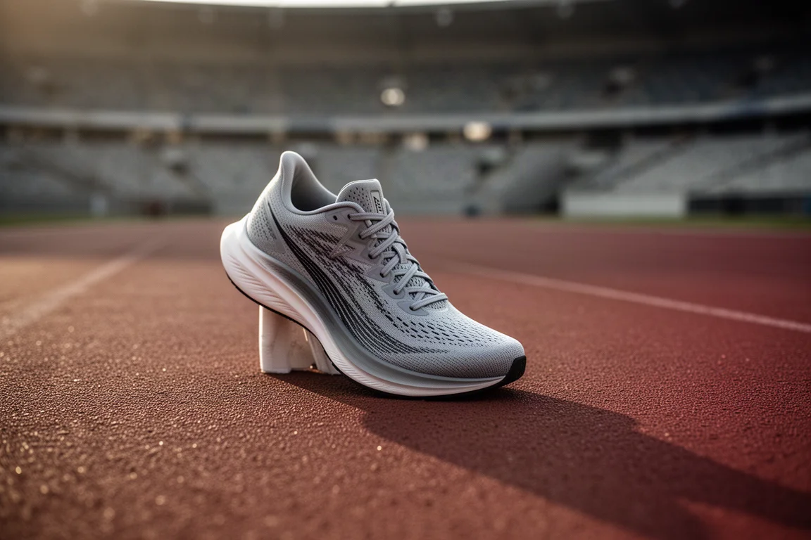 Running shoes standing on a rubberized track surface under soft evening light
