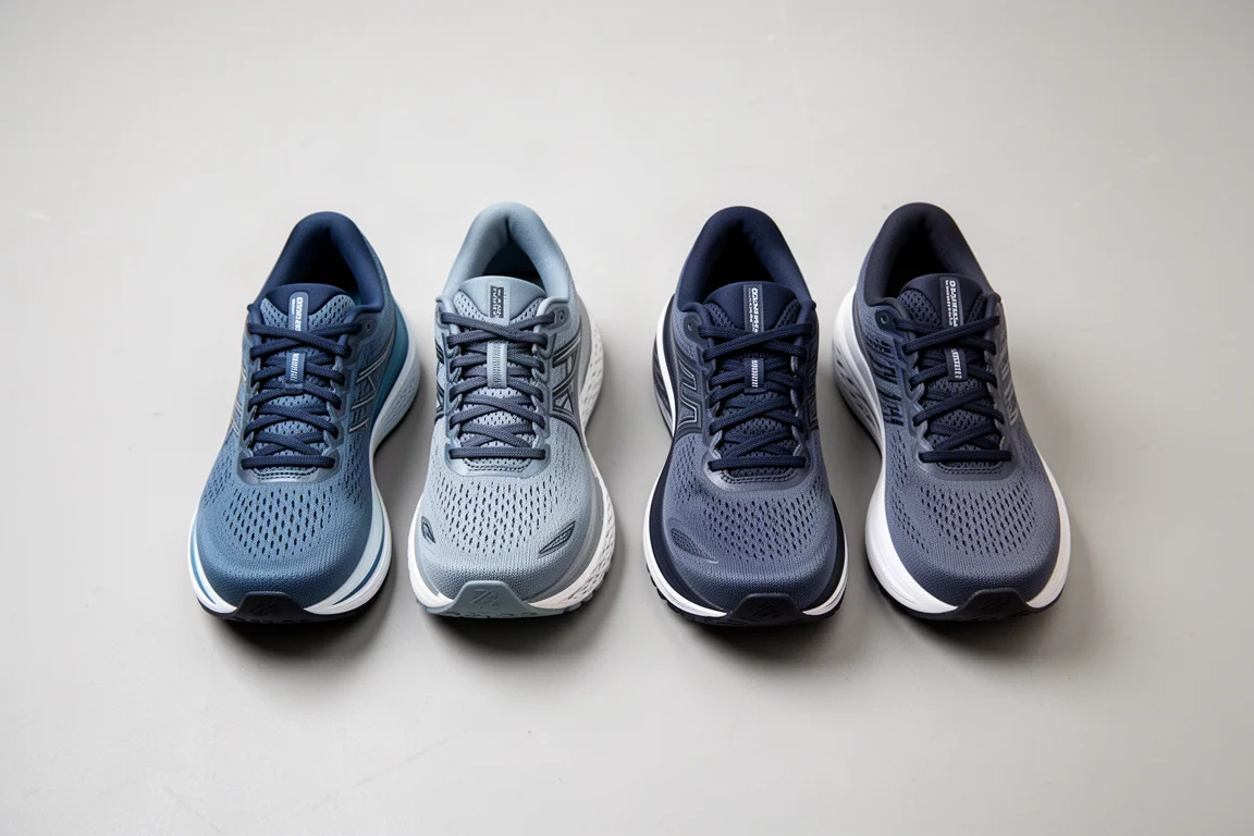 Two pairs of running shoes side by side on a minimal studio floor