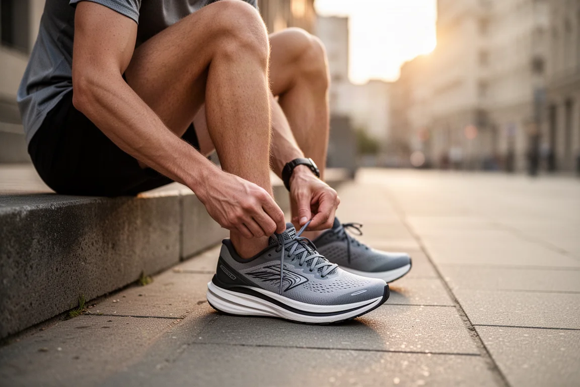 Runner lacing up a modern plated running shoe on a city pavement at dawn