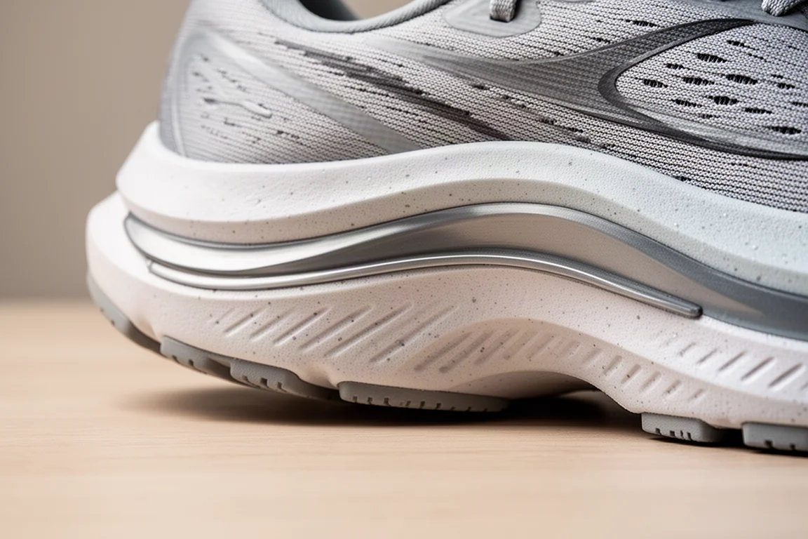Close-up of a layered running shoe midsole showing plate and foam stack