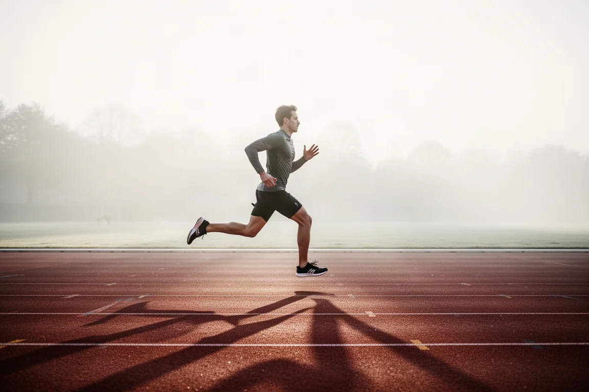 Runner completing fast intervals on an athletics track in early morning light