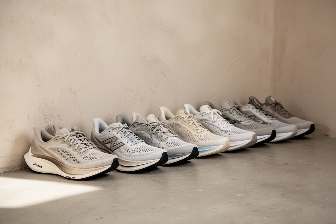 Shoe rotation of several running shoes lined up against a wall