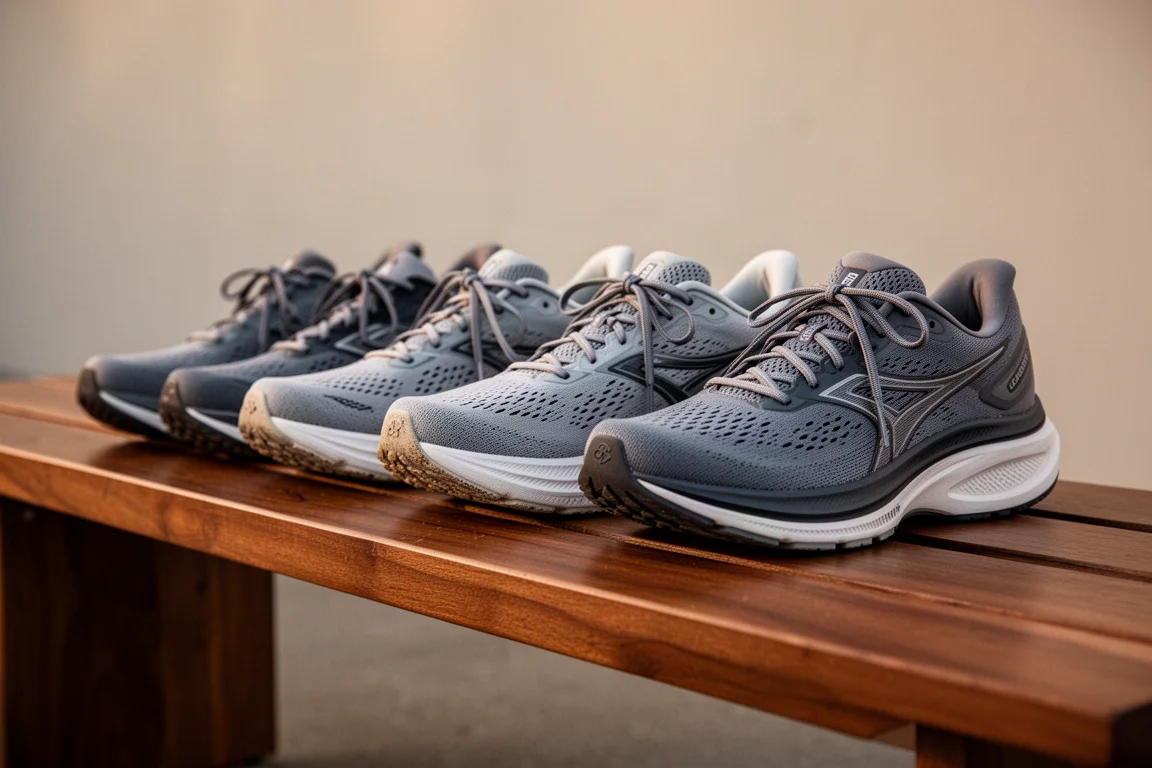 Fileira de tênis de corrida alinhados em um banco de madeira após um treino em grupo
