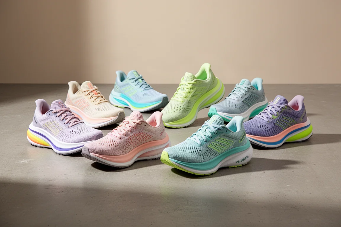 Nine tall-stacked modern running shoes grouped on a concrete studio floor