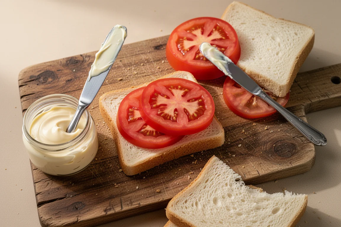 Offene Mayonnaise-Gläser und ein Tomatensandwich in Zubereitung auf einem Holzbrett