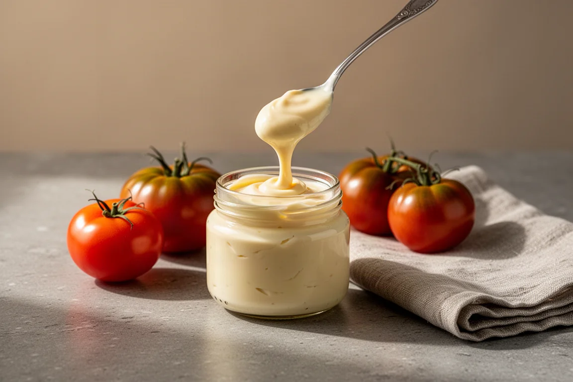 Ein Glas Mayonnaise neben reifen Tomaten und Toastbrot auf einer Küchenarbeitsplatte