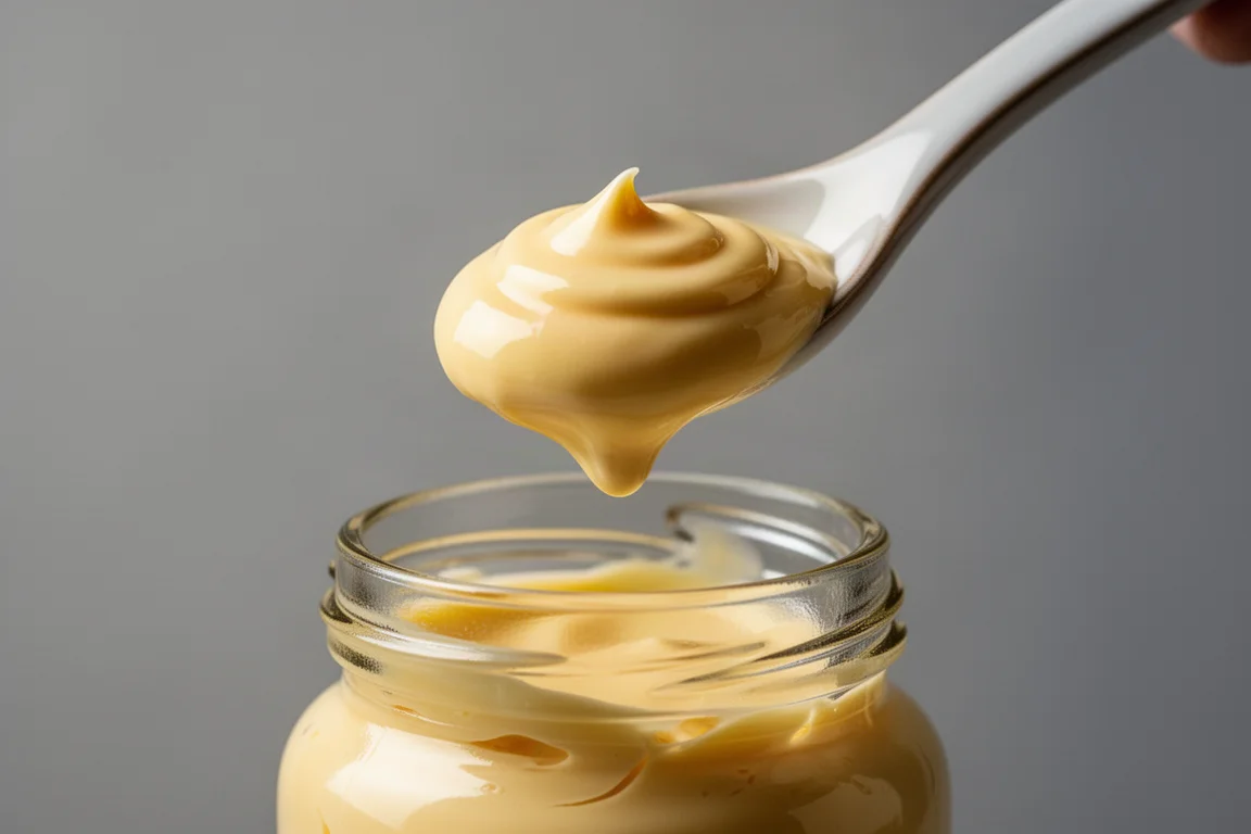 Ein Löffel goldgelbe Mayonnaise über einem offenen Glas bei weichem Licht