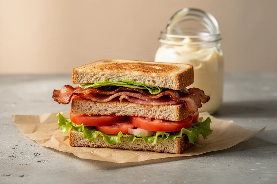 Ein fertiges BLT-Sandwich, halbiert, auf Backpapier neben einem Glas Mayonnaise