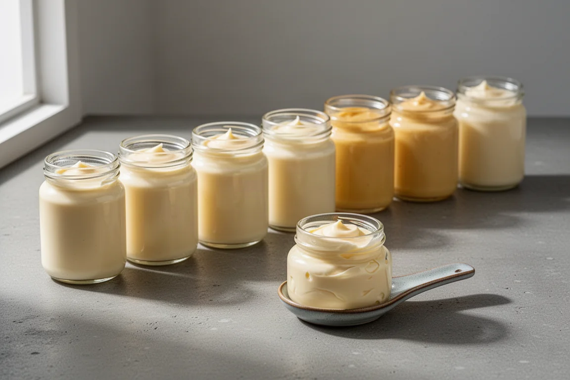 Row of open mayonnaise jars in shades of ivory and gold on a concrete surface