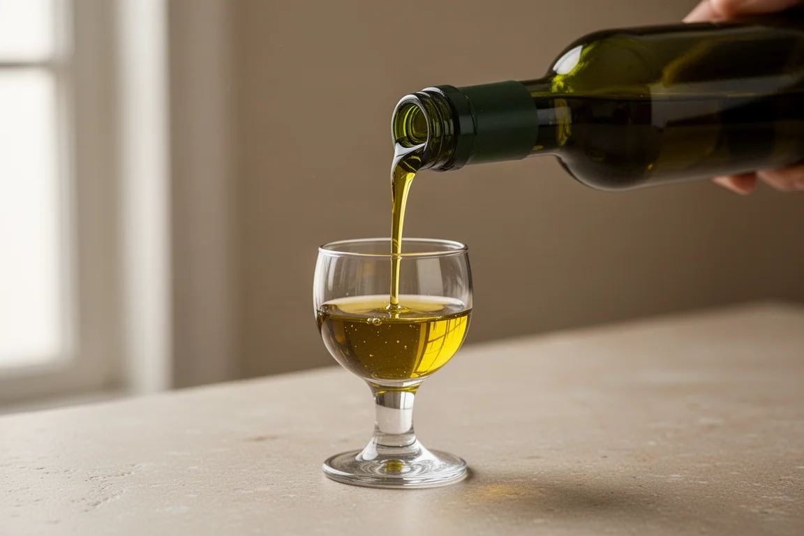 Aceite de oliva vertido en una pequeña copa de cata desde una botella verde oscura
