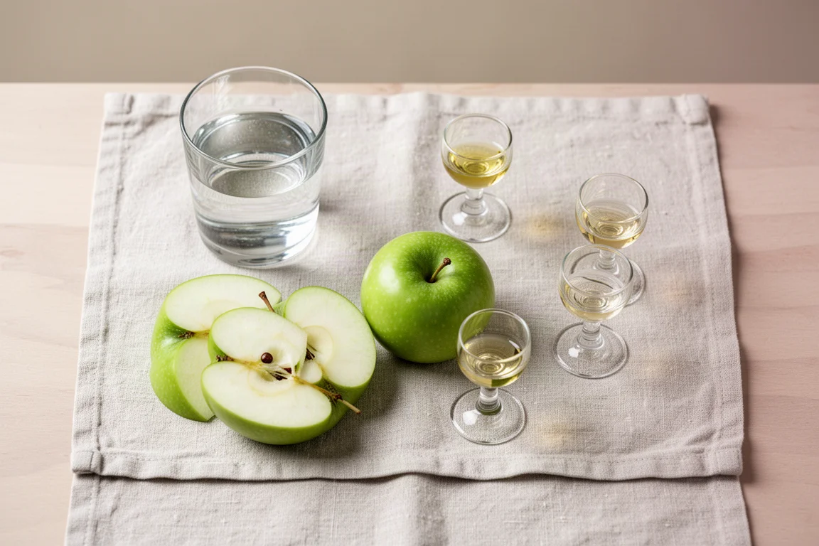 Rodajas de manzana verde y un vaso de agua preparados para limpiar el paladar entre catas de aceite de oliva