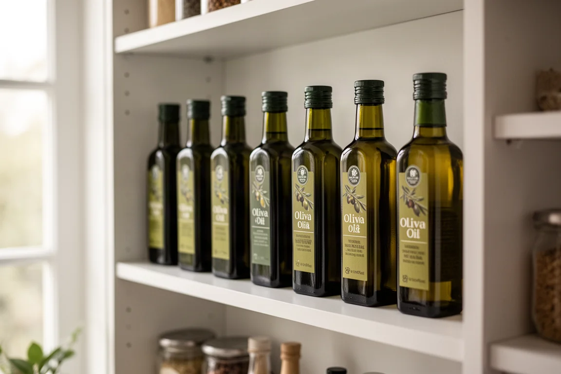 Una estantería de cocina con varias botellas de aceite de oliva de vidrio oscuro que muestran fechas de cosecha y de consumo preferente