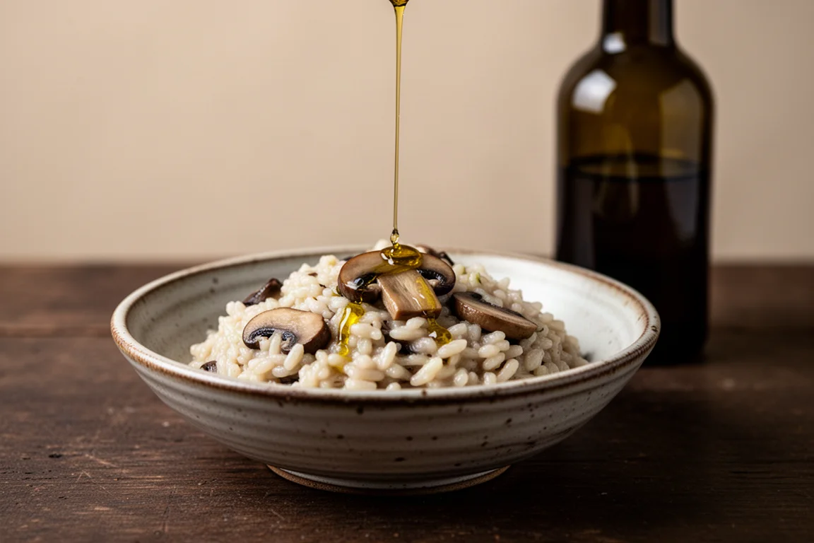 Un cuenco de risotto de champiñones rociado con aceite de oliva junto a una botella de vidrio oscuro