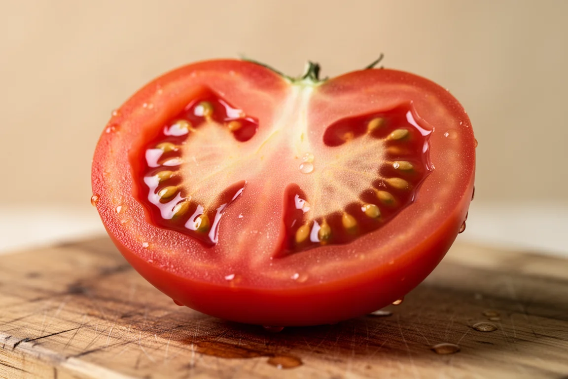 Close-up of a sliced tomato showing seed pockets filled with gel