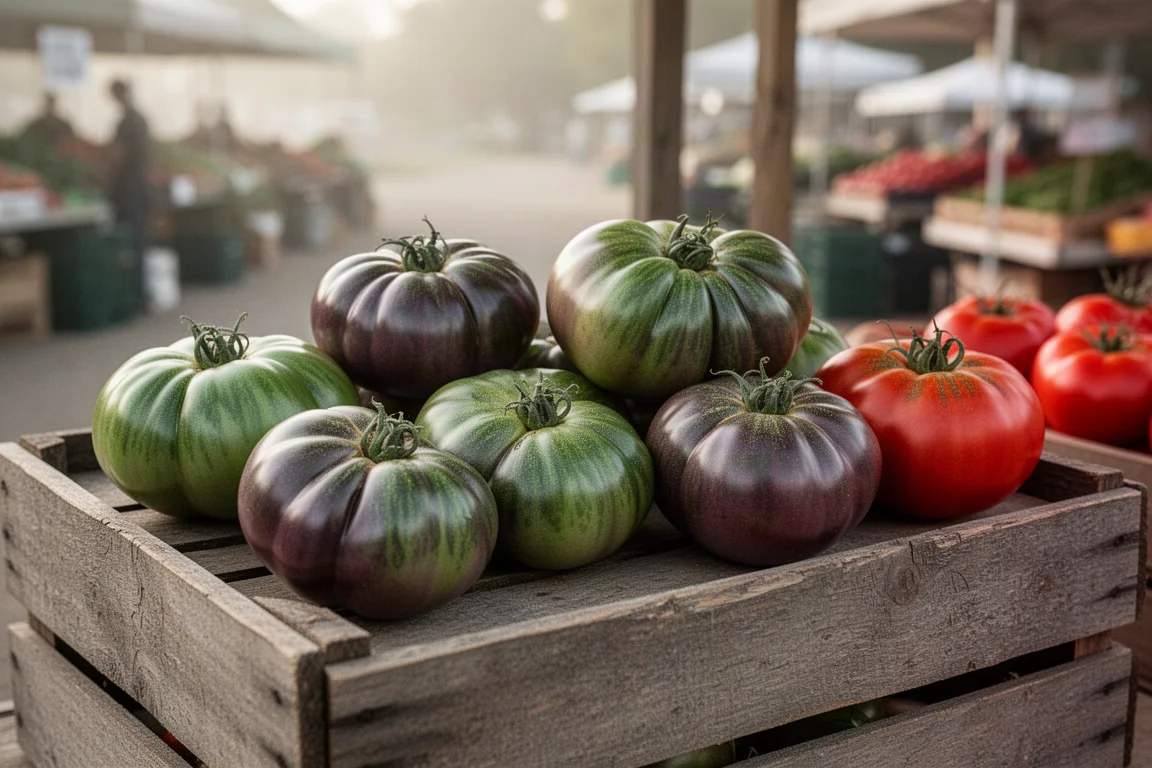 Ridged heirloom tomatoes in different colors arranged at a farm stand
