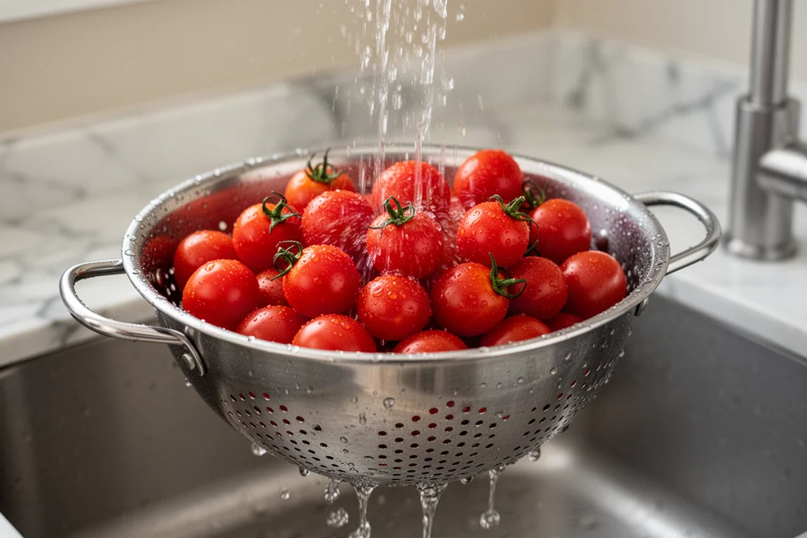 Cherry tomatoes in a colander being rinsed under running water