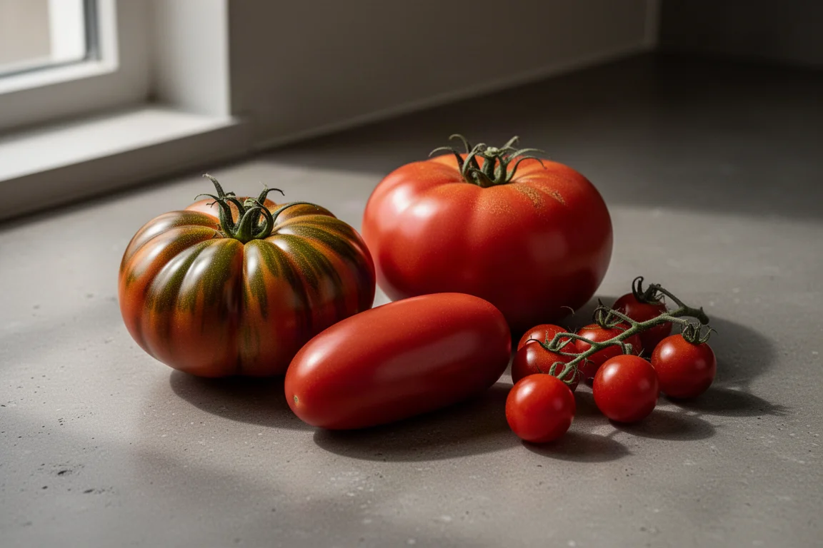 Assorted tomato varieties including heirloom, beefsteak, Roma, and cherry on a concrete surface