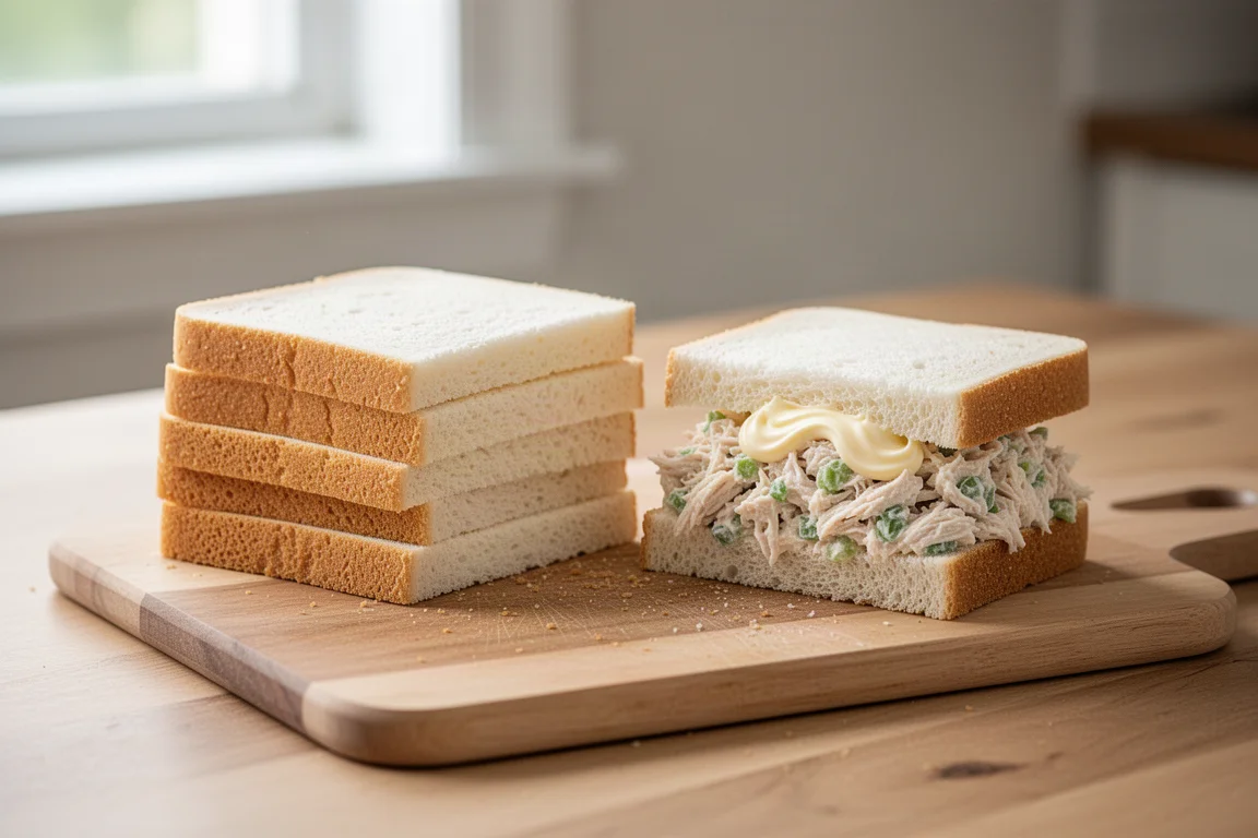 Stack of white sandwich bread slices on a kitchen counter beside a chicken salad sandwich