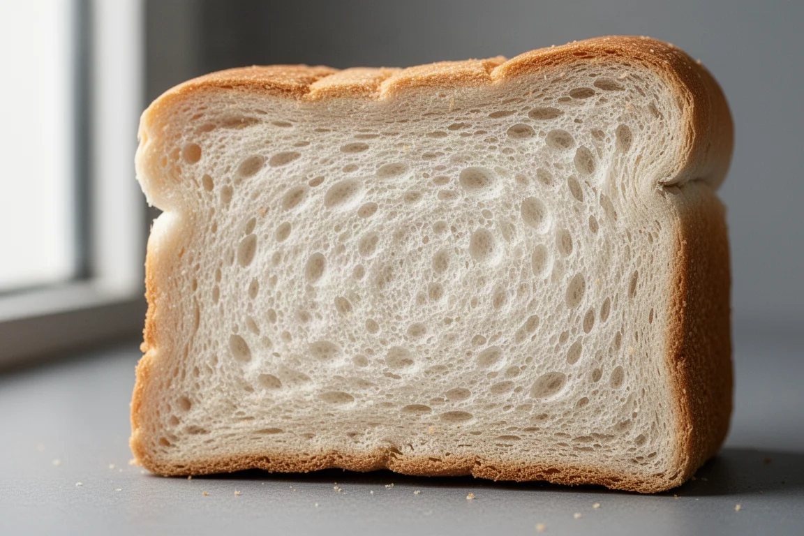 Close-up of a white bread slice showing an even, uniform crumb structure