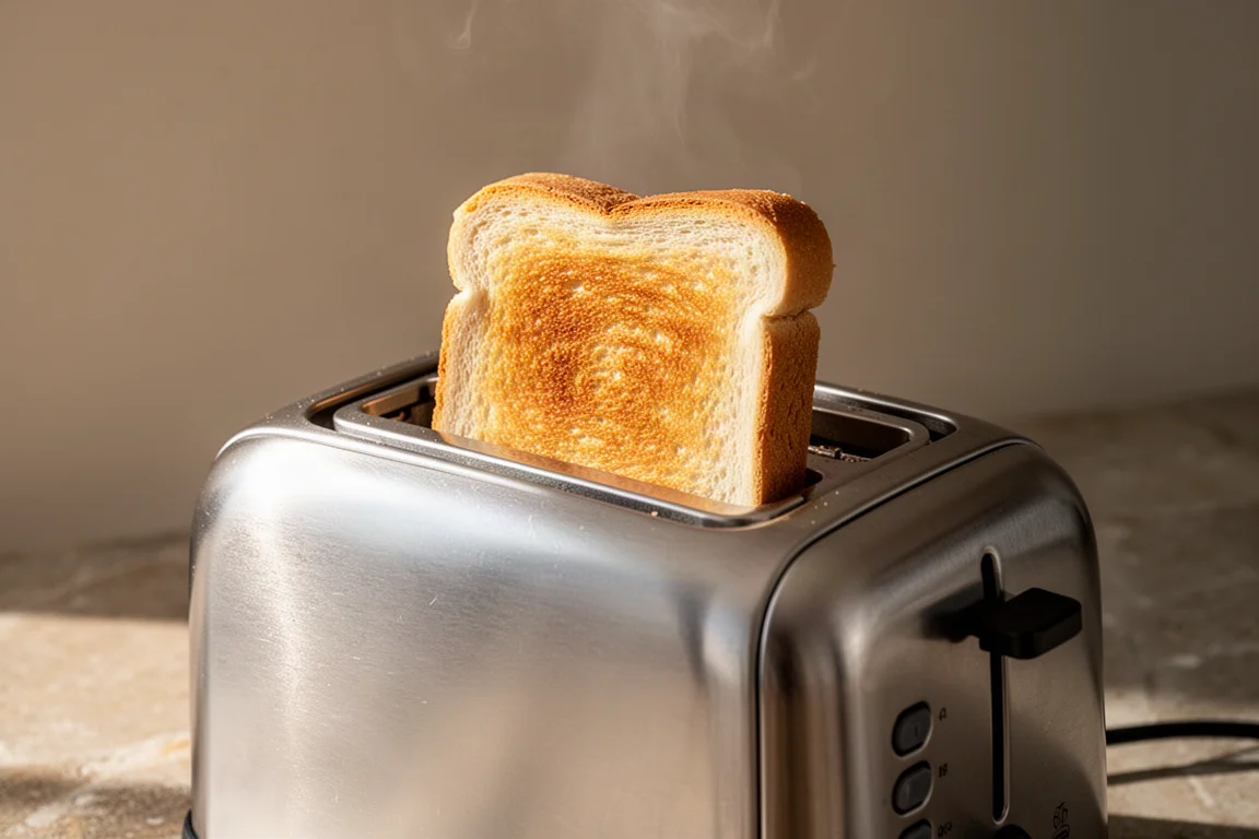 Golden brown slice of white bread popping up from a chrome toaster