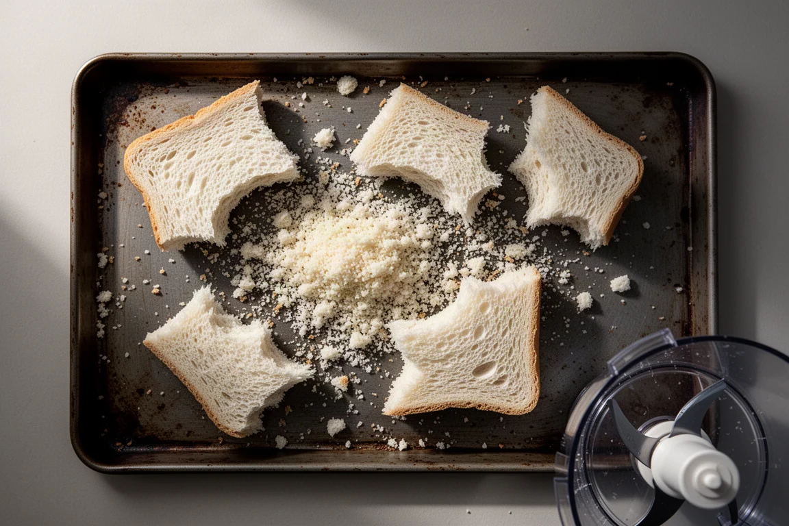 Fresh breadcrumbs scattered on a baking sheet next to torn bread pieces