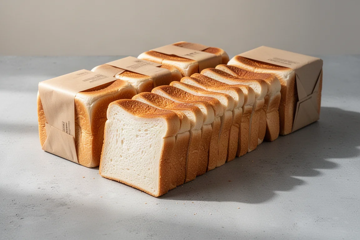 Eight loaves of sliced white sandwich bread arranged in a row on a grey surface
