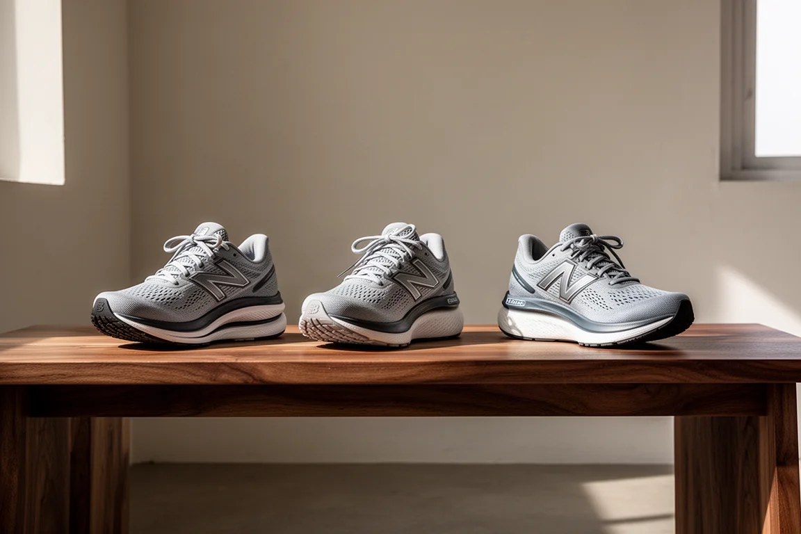 Tres zapatillas de running lado a lado sobre un banco de madera