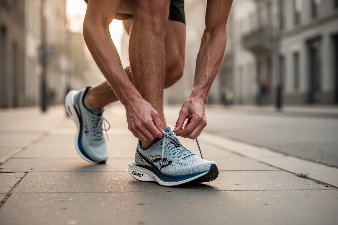 Corredor amarrando um par de tênis de corrida com placa de carbono antes de um treino de ritmo