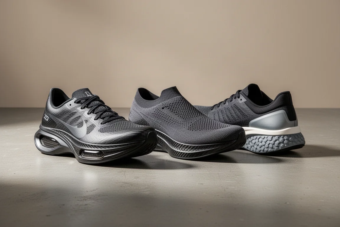 Three carbon-plated racing shoes arranged on a concrete surface