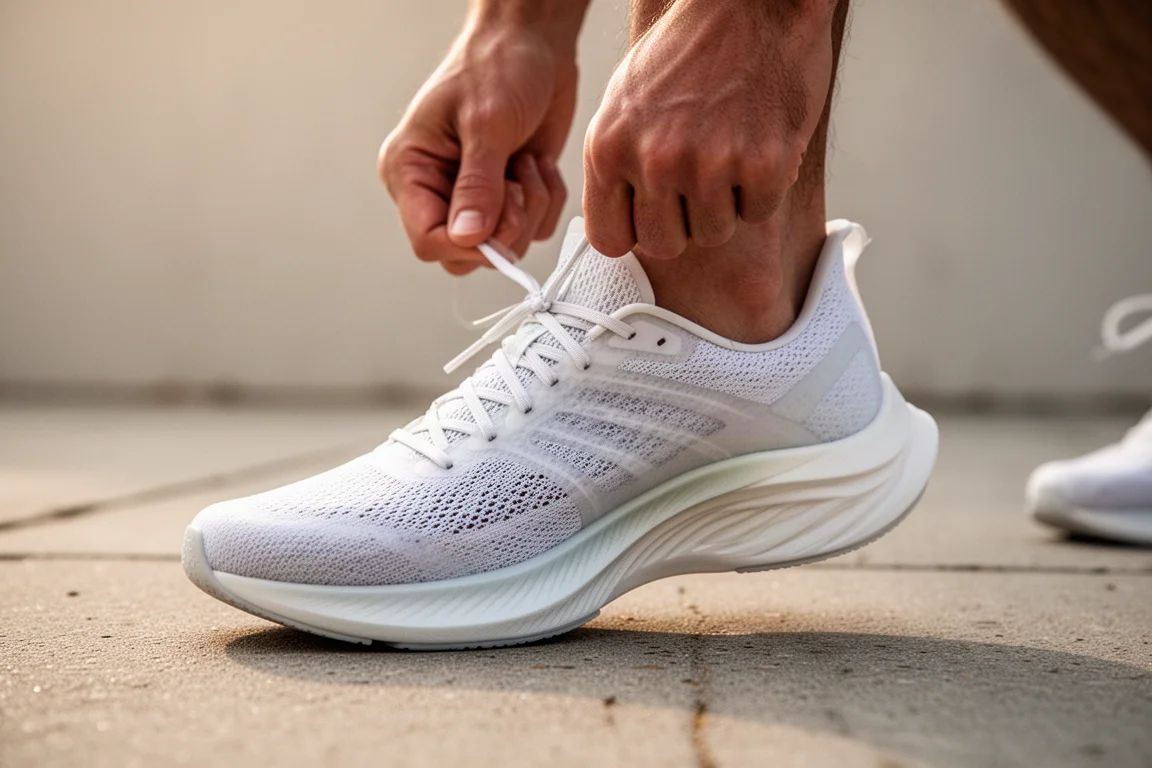 Runner che allaccia i lacci di una leggera scarpa da gara con piastra in carbonio prima di un allenamento