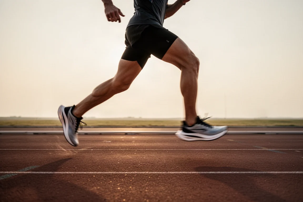 Runner che falcia in pista con scarpe da gara a profilo basso