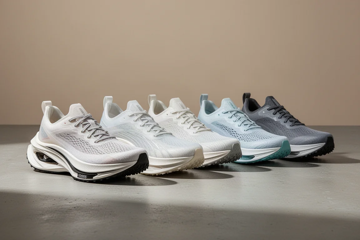 Five carbon plate racing shoes lined up on a concrete surface