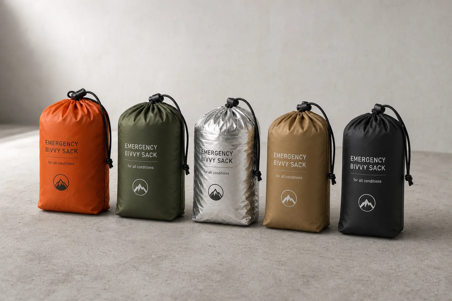 Five survival bivvy sacks in various colors arranged on concrete surface