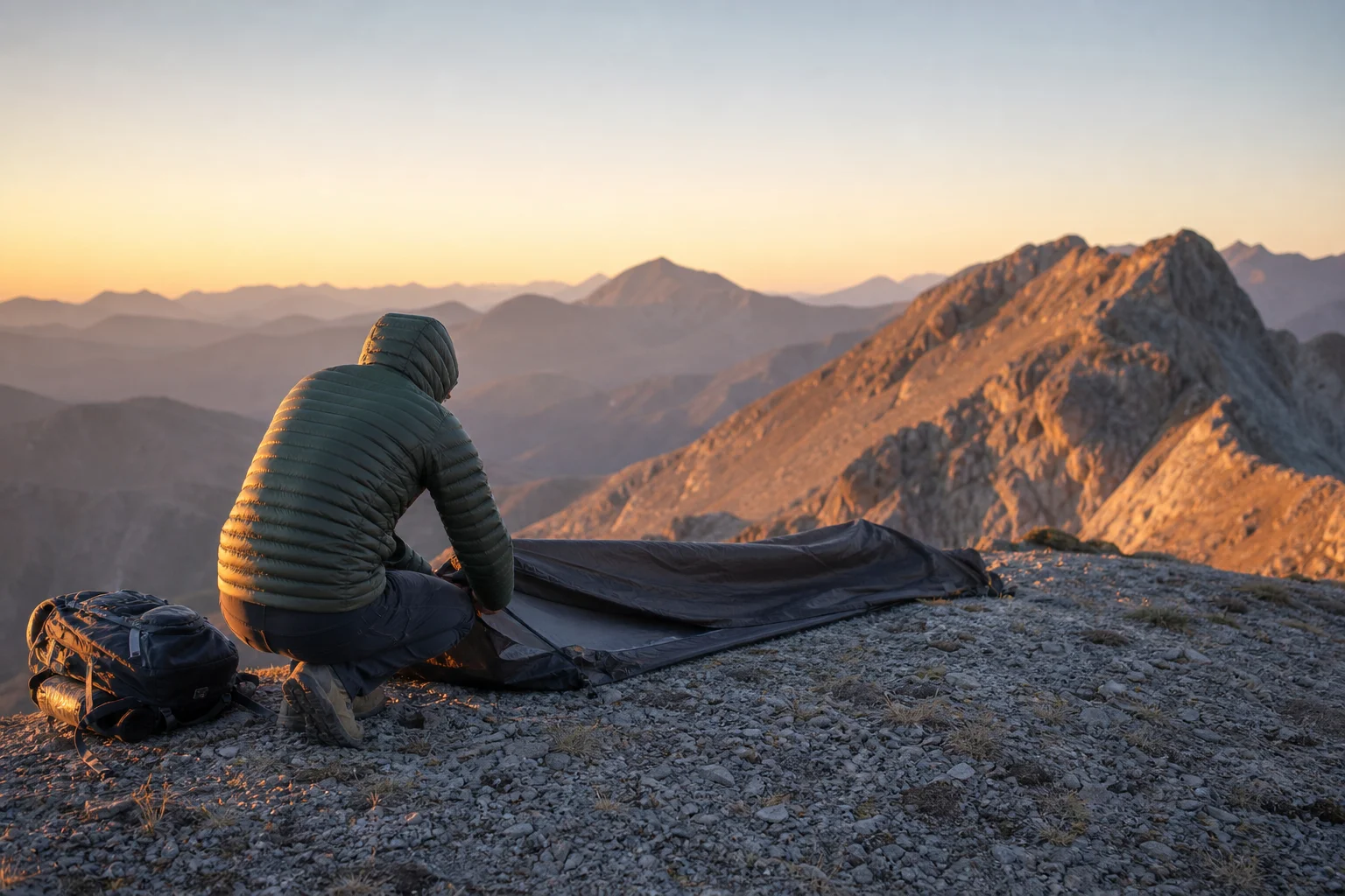 Solo backpacker setting up a lightweight bivy tent on a mountain ridge at dusk