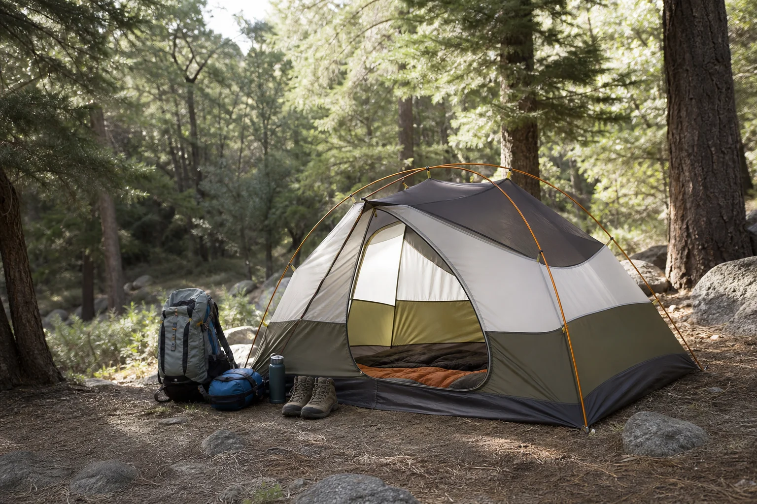 Two-person dome tent pitched in a forest clearing with gear organized in the vestibule