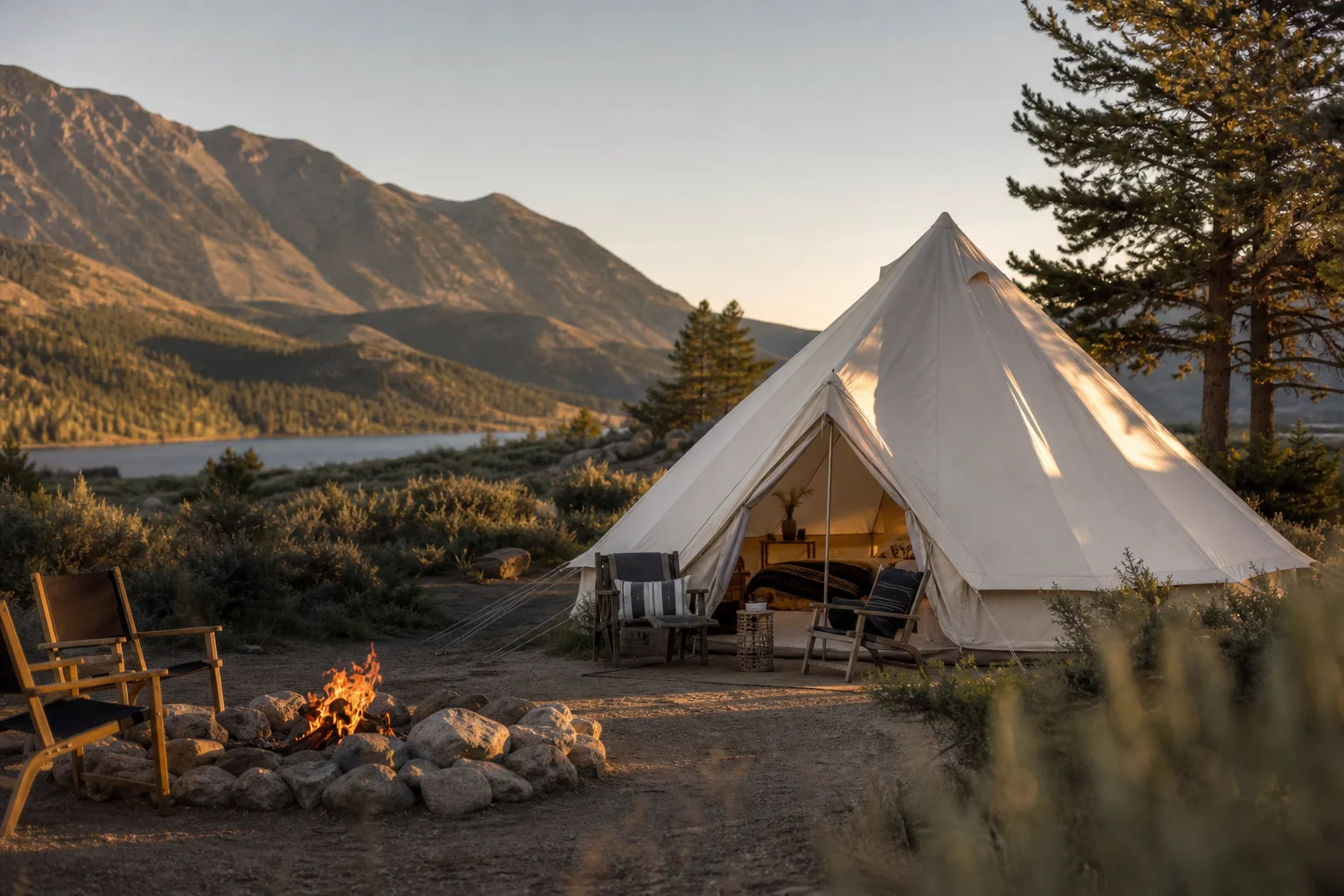 Canvas bell tent set up as a base camp with a campfire and outdoor seating area nearby
