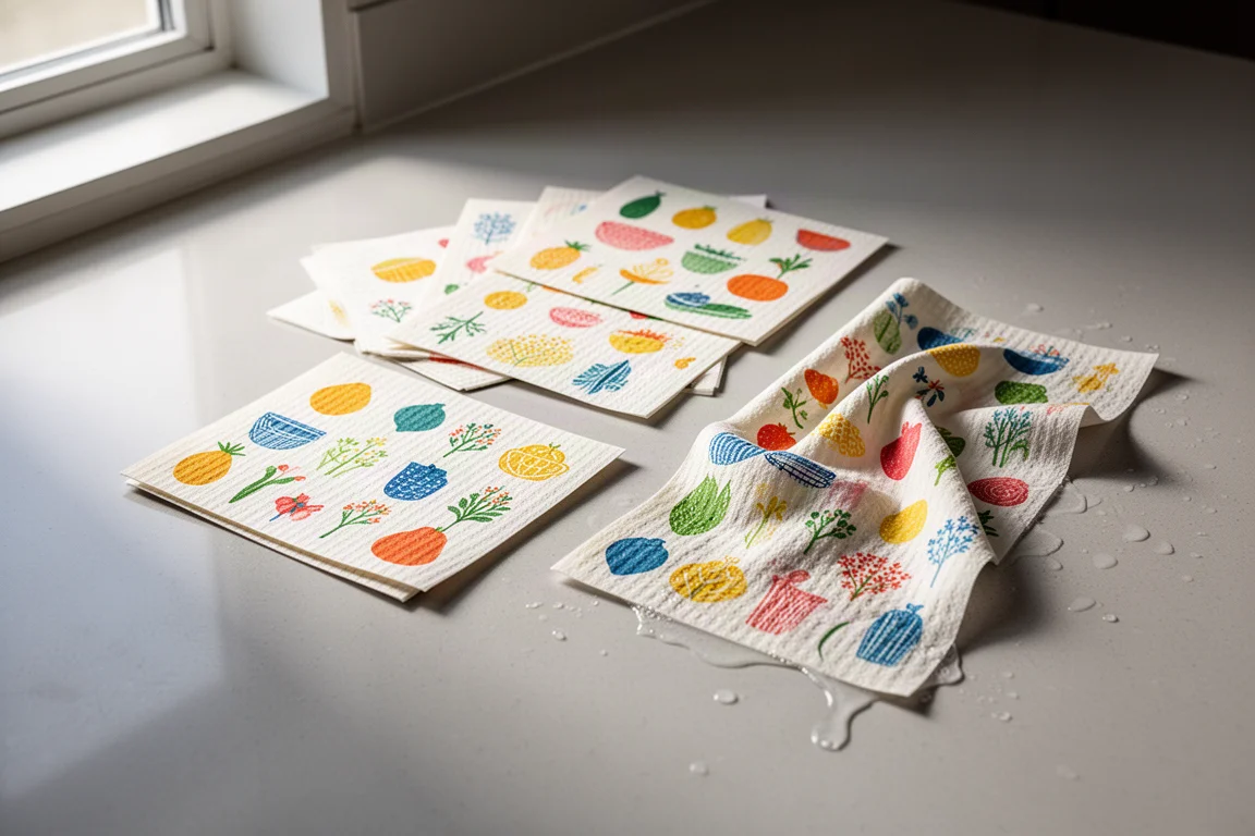Assorted Swedish dishcloths in printed patterns arranged on a light kitchen countertop
