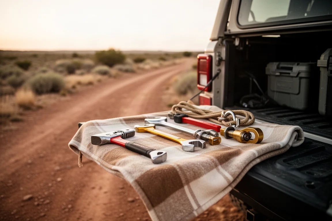 Área de carga de um veículo overlander com ferramentas de resgate dispostas na tampa traseira