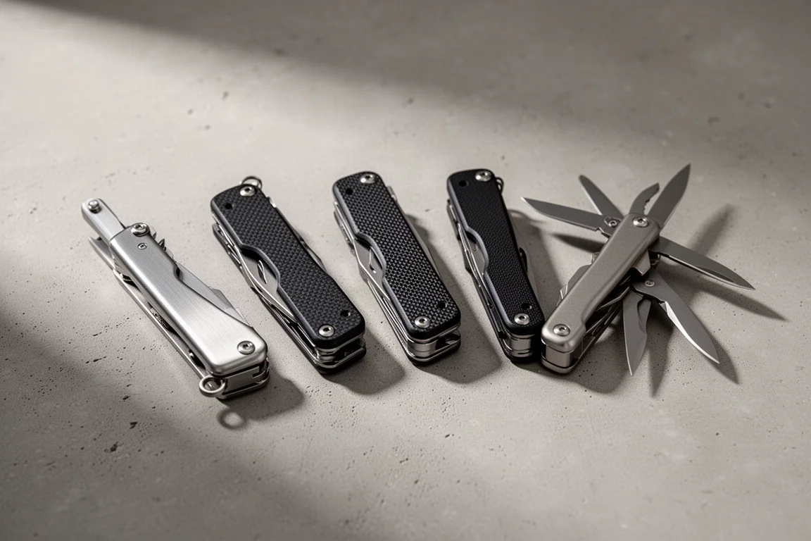Five folding pocket multi-tools arranged on a concrete surface with one partially open