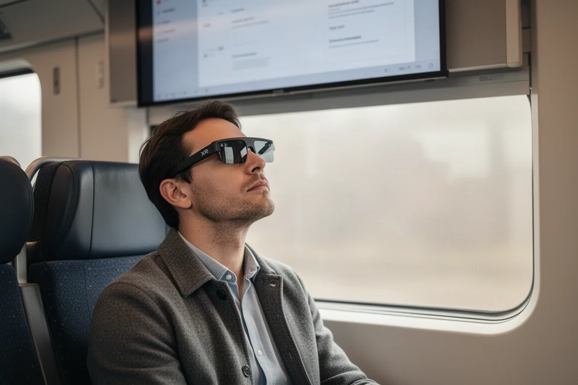 Person on a train wearing slim XR glasses watching a large virtual screen