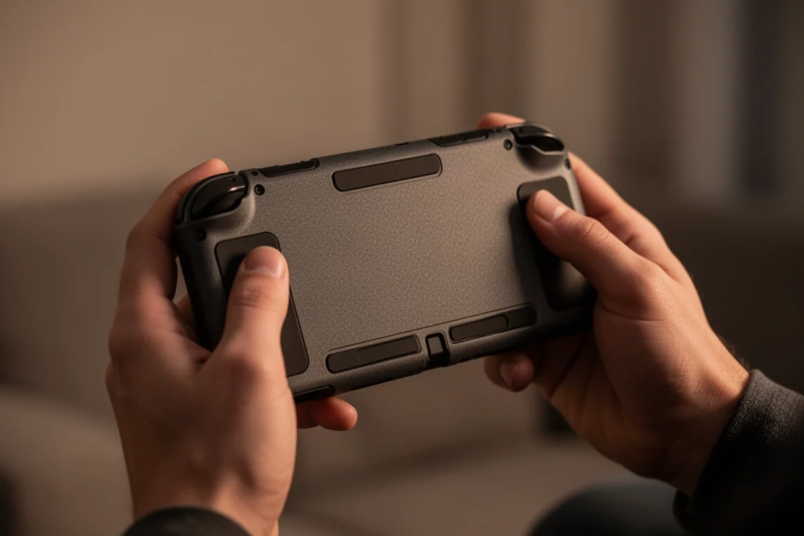 Gamer holding a Switch 2 handheld with a textured protective case in dim light