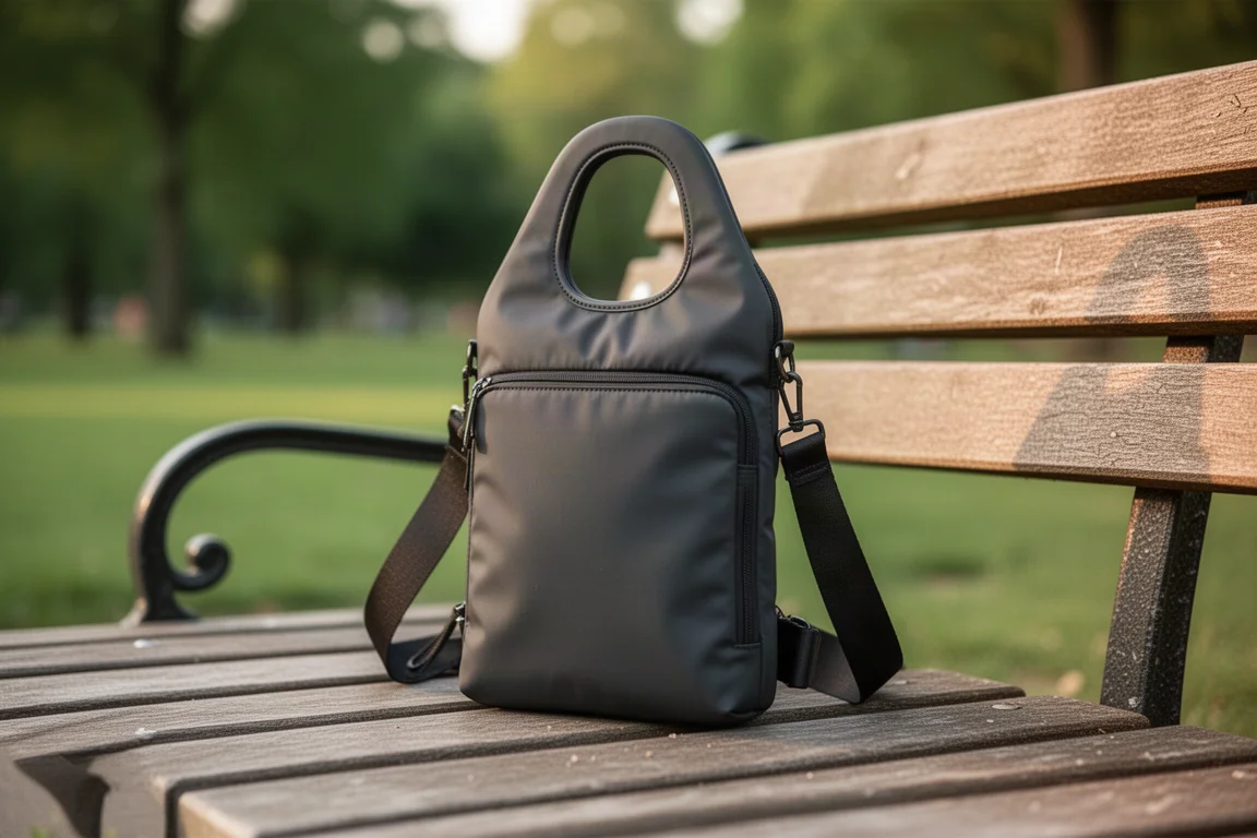 Minimalist sling bag with a large top handle resting on a park bench